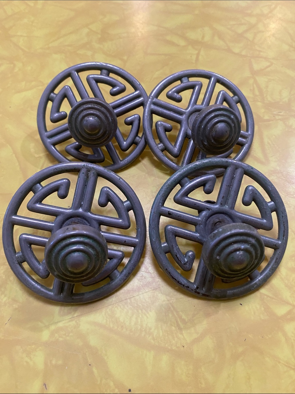 Antique-Style Round Asian Metal Drawer Pulls - Set of 4